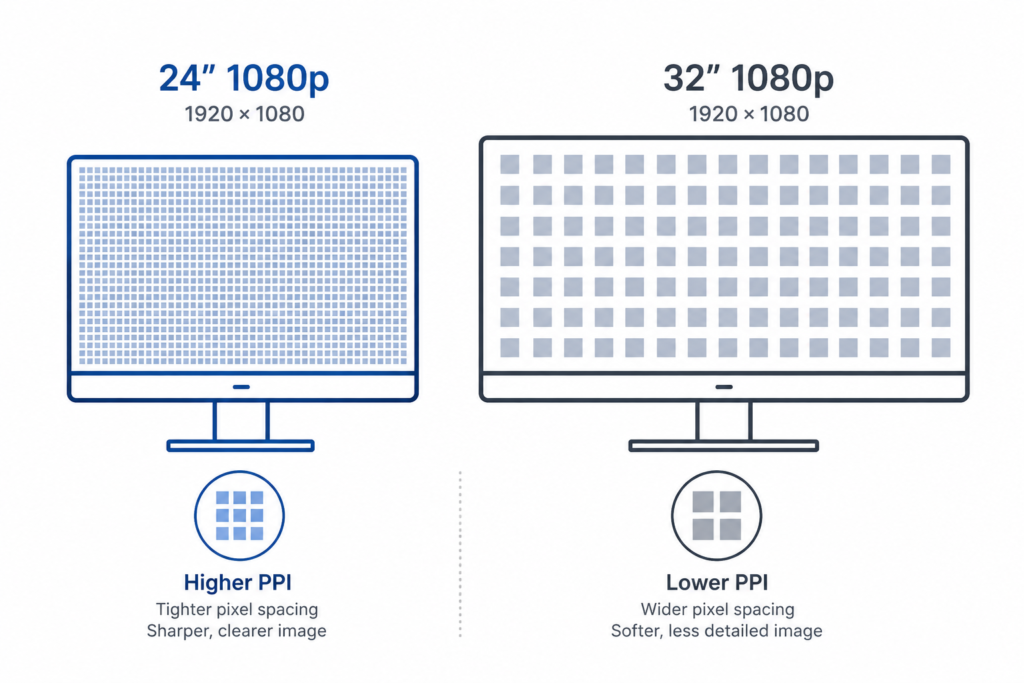 Infographic comparing pixel density on a 24-inch and 32-inch 1080p monitor showing tighter and wider pixel spacing