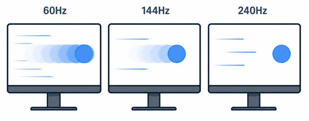 comparison of monitor refresh rates showing 60hz vs 144hz vs 240hz motion clarity and blur differences