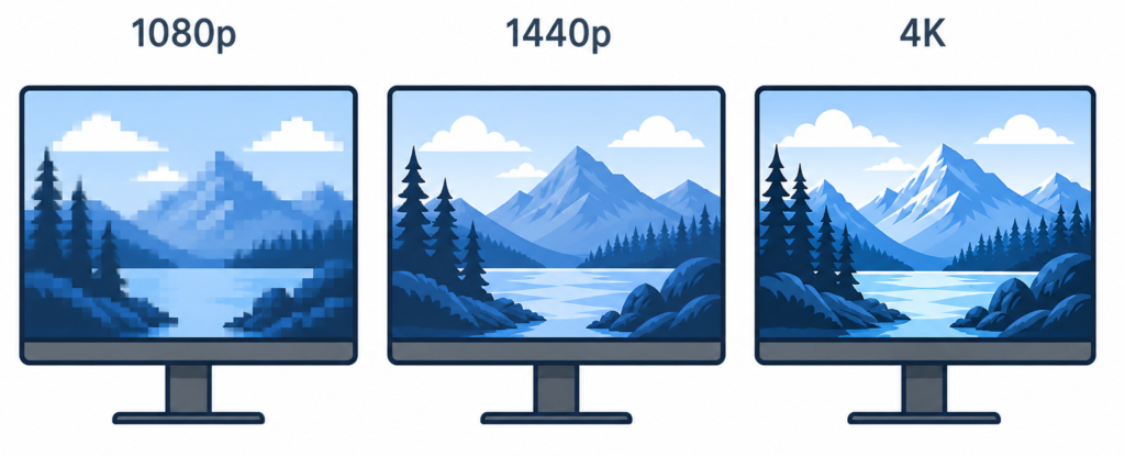 comparison of monitor resolution showing 1080p vs 1440p vs 4k image clarity differences