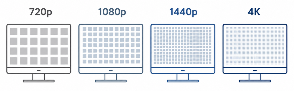 Infographic comparing 720p, 1080p, 1440p, and 4K monitor resolutions with increasing pixel density and image detail
