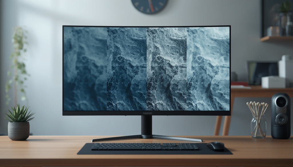 Modern desk setup with ultrawide monitor showing increasing image sharpness and detail to compare different monitor resolutions