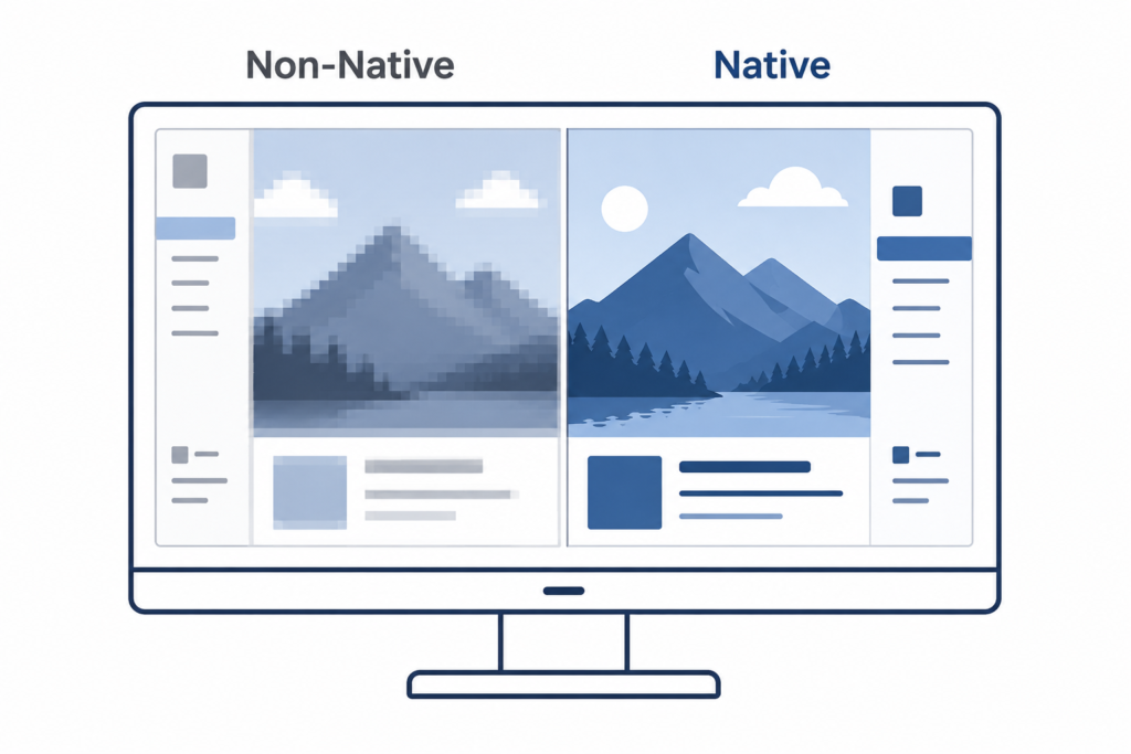 Infographic comparing native and non-native monitor resolutions showing sharp image quality versus blurry scaled visuals