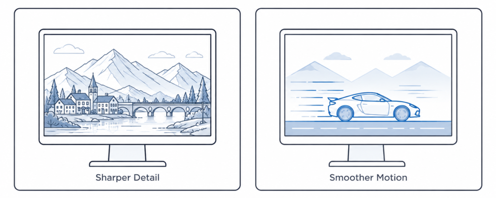 Minimal infographic comparing sharper image detail and smoother motion on monitor displays