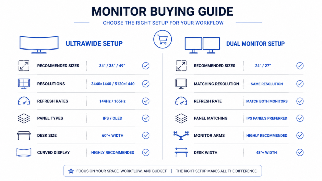 Buying guide infographic comparing ultrawide and dual monitor recommendations for size, resolution, refresh rate, and panel type