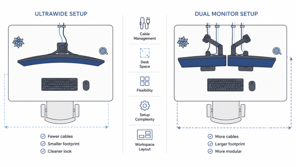 Top-down infographic comparing ultrawide and dual monitor desk setups for cable management and workspace organization