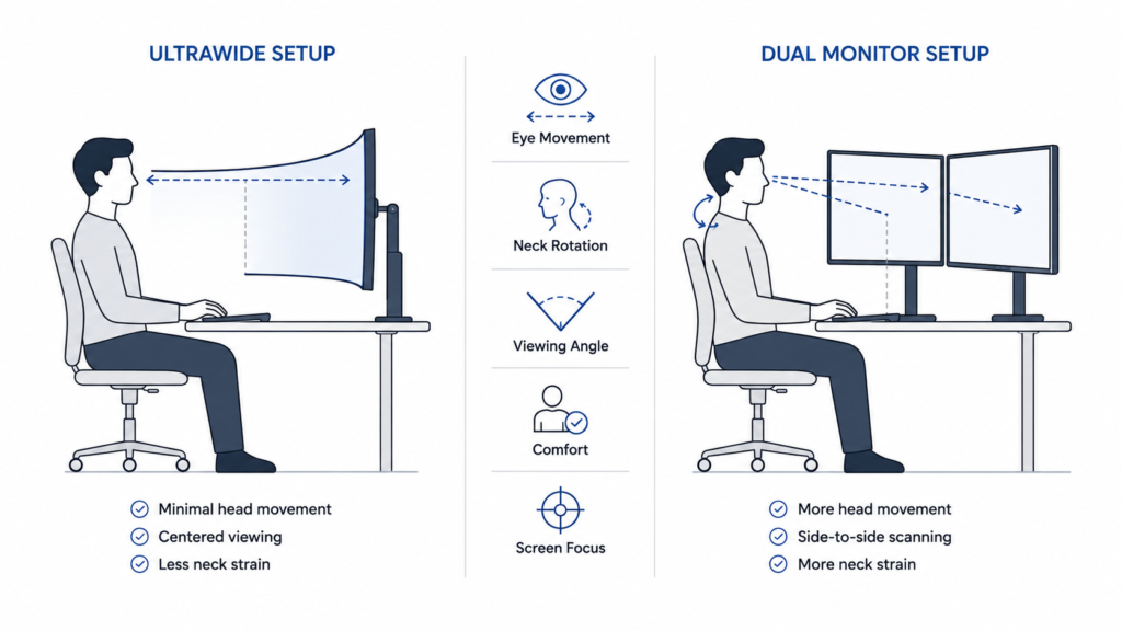 Minimal infographic comparing ultrawide and dual monitor ergonomics, showing differences in head movement and viewing angles