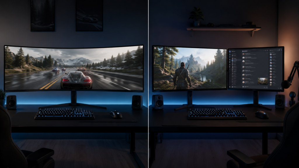 Realistic comparison of ultrawide and dual monitor gaming setups showing immersive gameplay and multitasking workflows