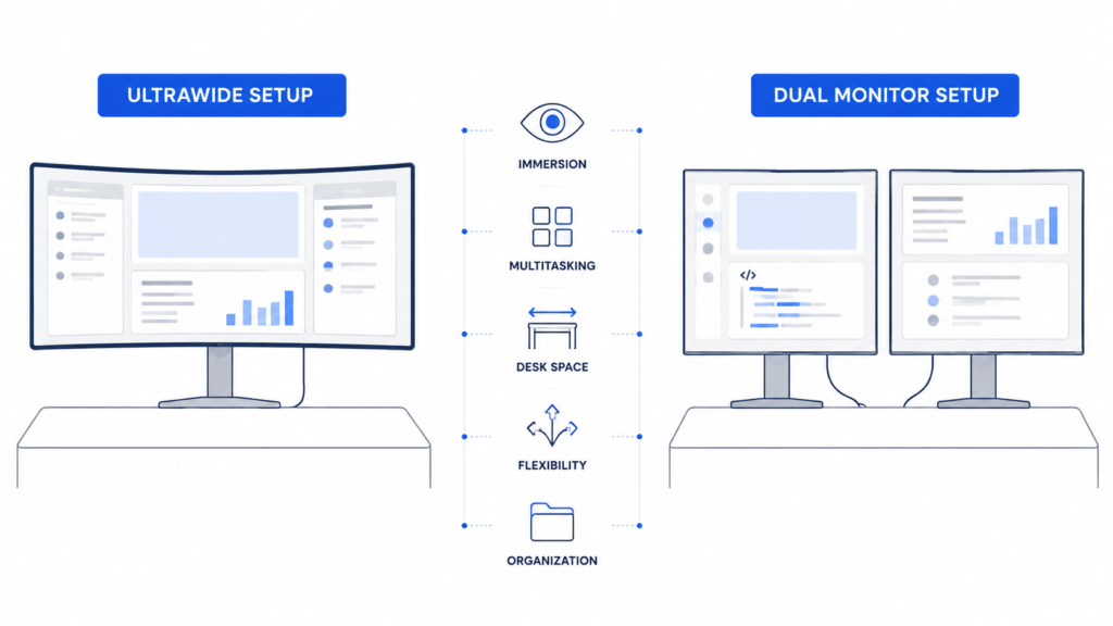 Minimal infographic comparing ultrawide and dual monitor productivity workflows for multitasking and workspace organization