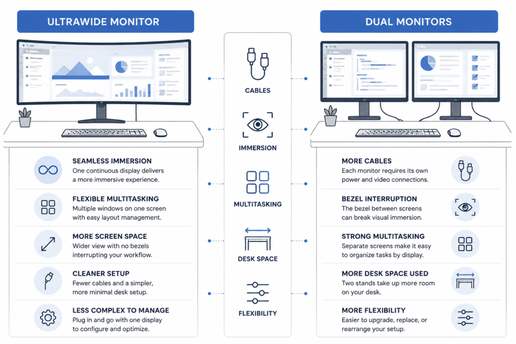 Quick decision guide infographic comparing ultrawide and dual monitor setups for immersion, multitasking, desk space, and flexibility