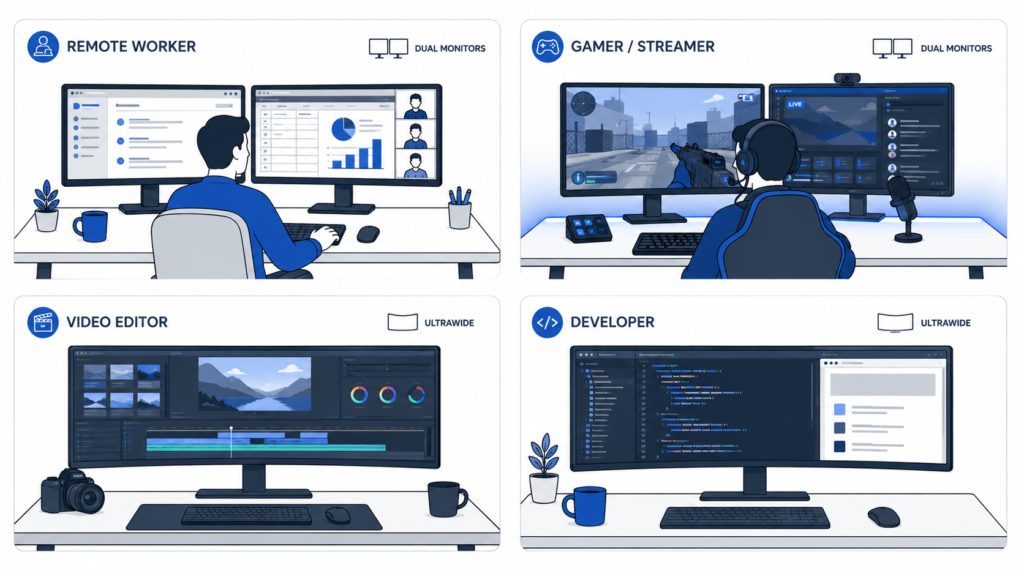 Infographic showing real-world ultrawide and dual monitor setups for remote work, gaming, video editing, and programming