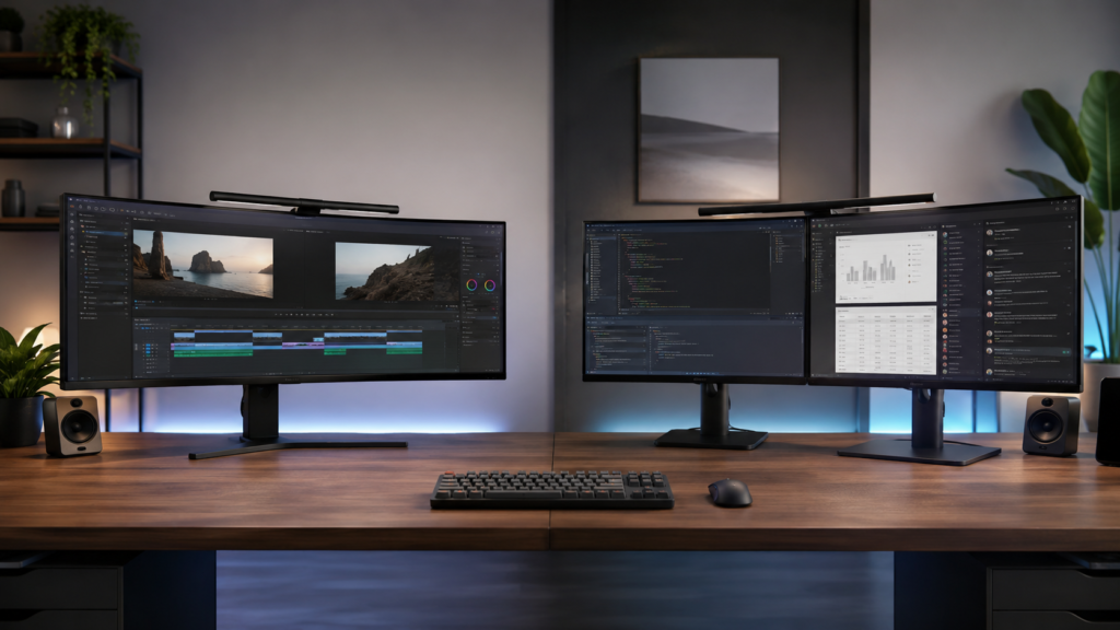 Realistic comparison of an ultrawide monitor vs dual monitor setup on a modern desk workspace