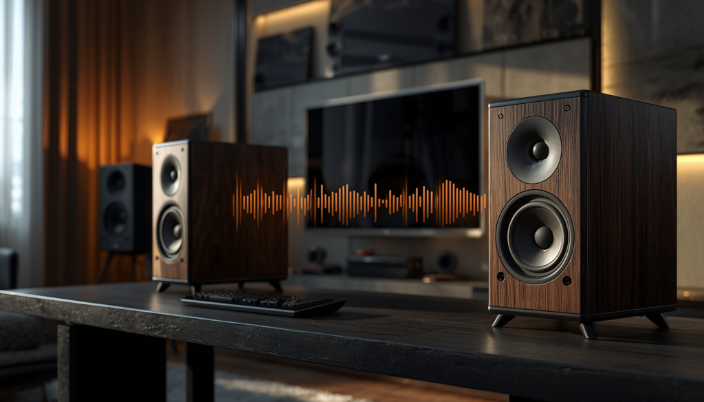 Modern bookshelf speakers in a home audio setup illustrating what actually affects speaker sound quality.