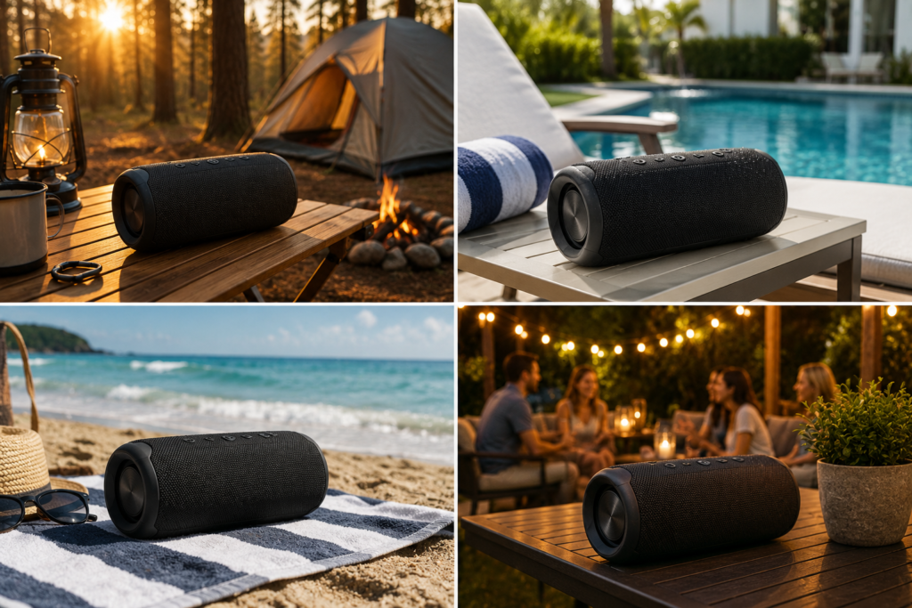 Portable Bluetooth speaker used outdoors at a campsite, poolside, beach, and backyard gathering