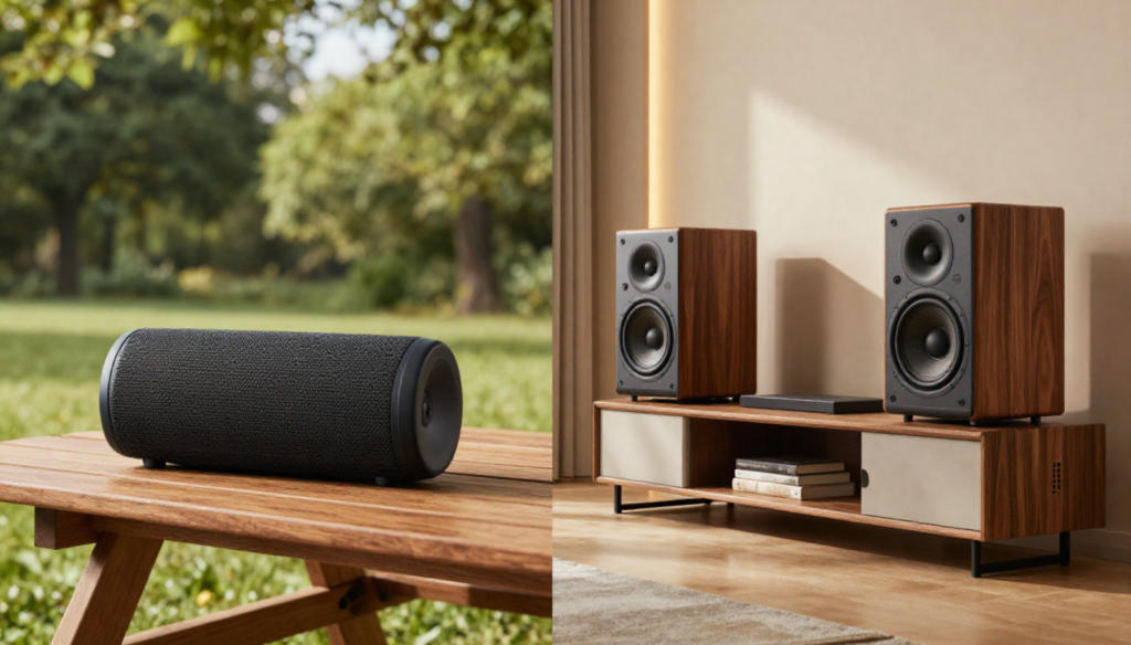 Split-screen comparison of a portable Bluetooth speaker outdoors and home bookshelf speakers in a living room