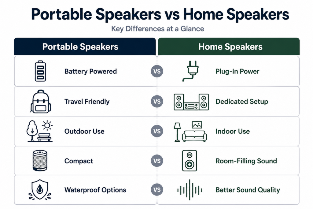 Infographic comparing portable speakers and home speakers including portability, power source, indoor use, outdoor use, durability, and sound quality