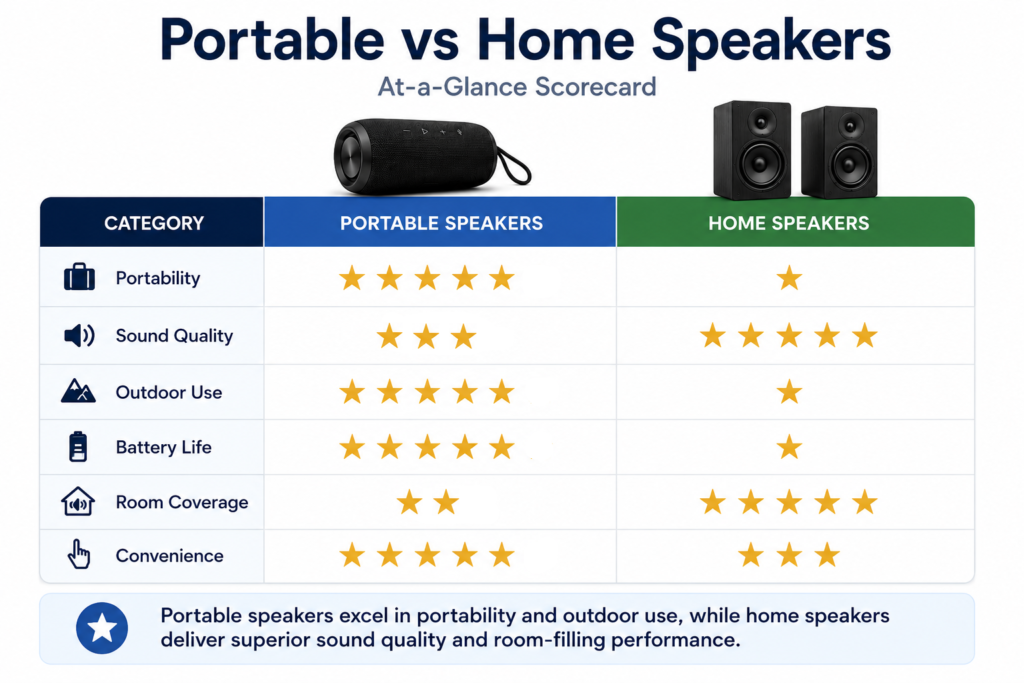 Portable vs home speakers comparison scorecard showing ratings for portability, sound quality, outdoor use, battery life, room coverage, and convenience