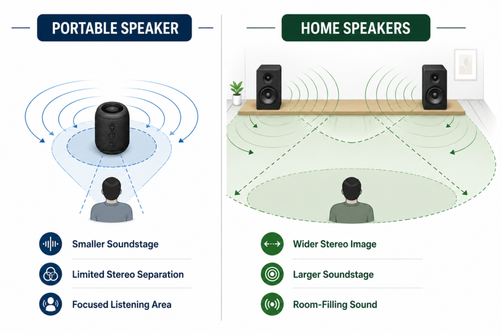 Soundstage and stereo separation comparison between portable and home speakers