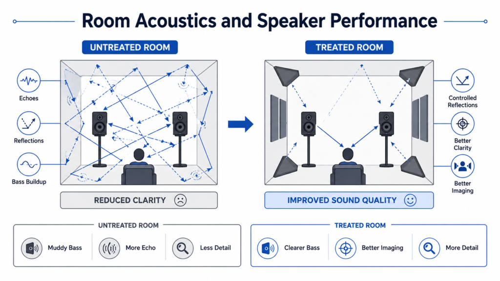 Comparison of untreated and treated room acoustics showing reflections, echoes, bass buildup, and their impact on speaker performance.