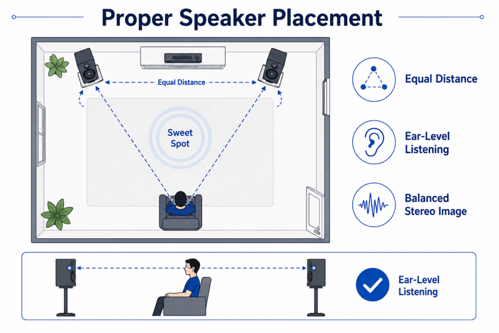 Diagram showing proper stereo speaker placement, listening position, sweet spot, and ear-level speaker alignment.