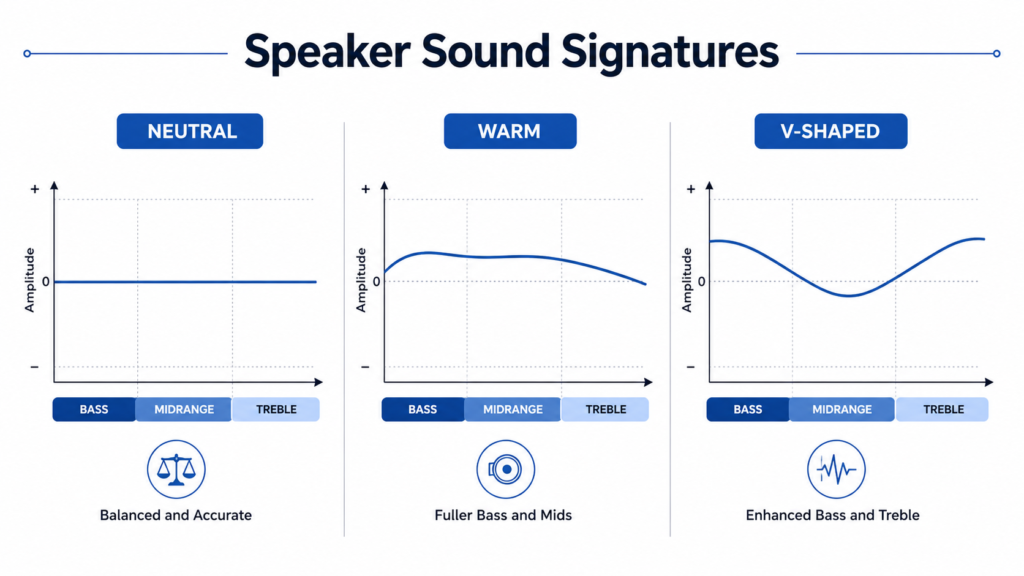 Comparison of neutral, warm, and V-shaped speaker sound signatures and their frequency response curves.