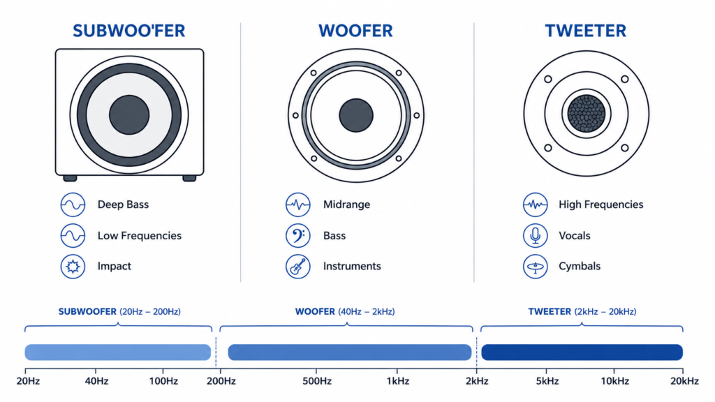 Comparison of tweeters, woofers, and subwoofers and the frequencies each driver reproduces.