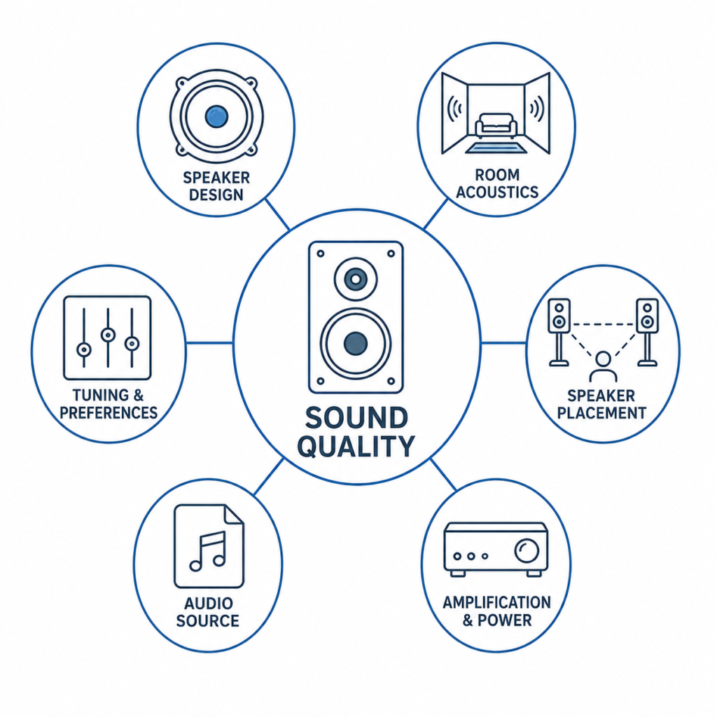 Factors that affect speaker sound quality including speaker design, room acoustics, speaker placement, audio source, amplification, and tuning.