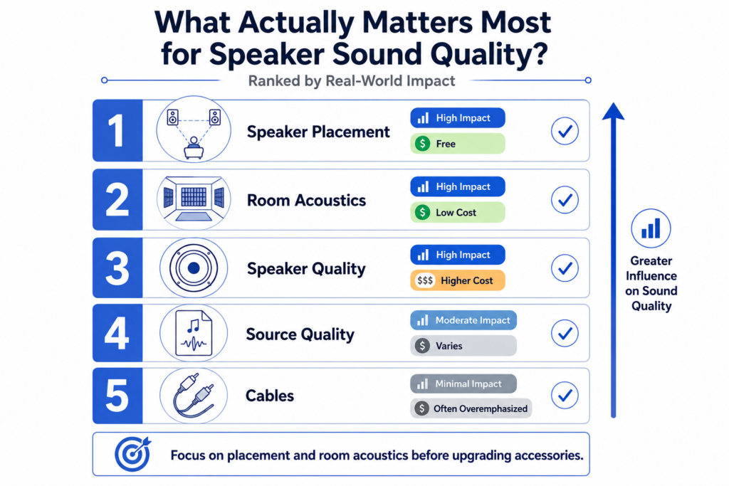 Ranking of the factors that have the biggest impact on speaker sound quality including placement, room acoustics, speaker quality, source quality, and cables.