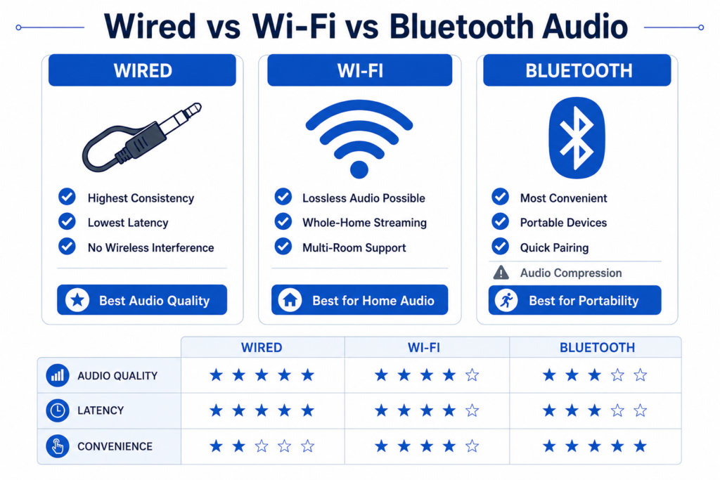 Comparison of wired, Wi-Fi, and Bluetooth audio quality, latency, and convenience.