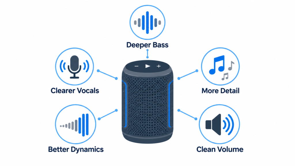 Bluetooth speaker sound quality improvements including bass, vocals, detail, dynamics, and volume