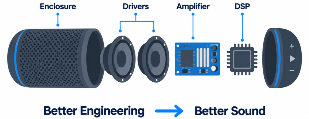 Bluetooth speaker components including drivers, amplifier, DSP, and enclosure