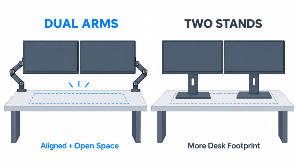 Dual monitor arms vs two monitor stands showing desk space