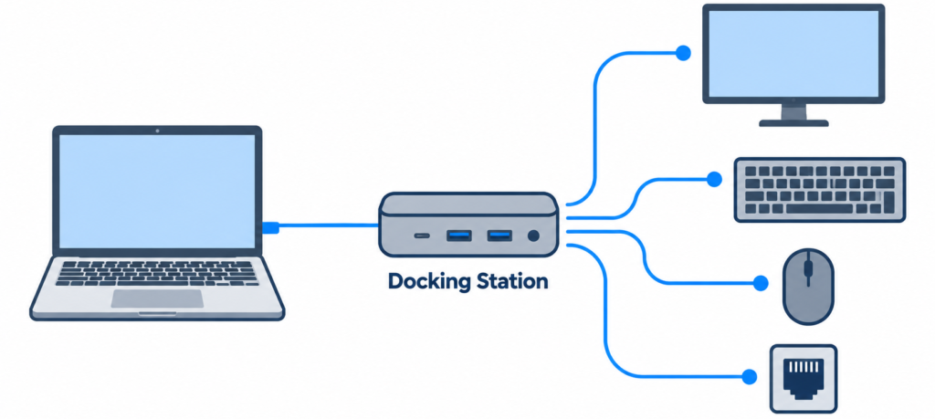 Infographic showing a laptop connected to a docking station, which connects to a monitor, keyboard, mouse, and Ethernet port