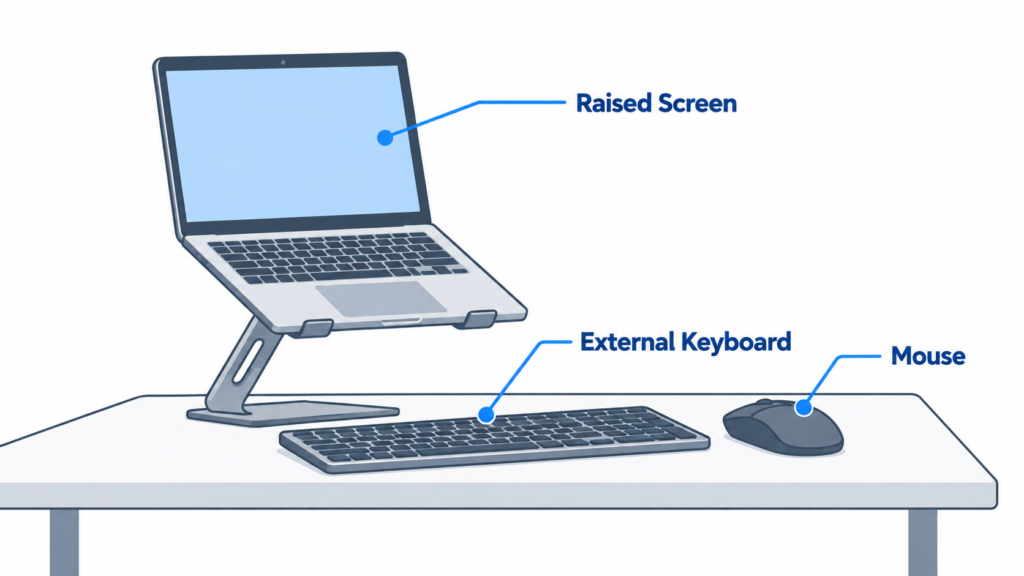 Flat vector infographic showing a laptop raised on a stand with a separate keyboard and mouse on the desk