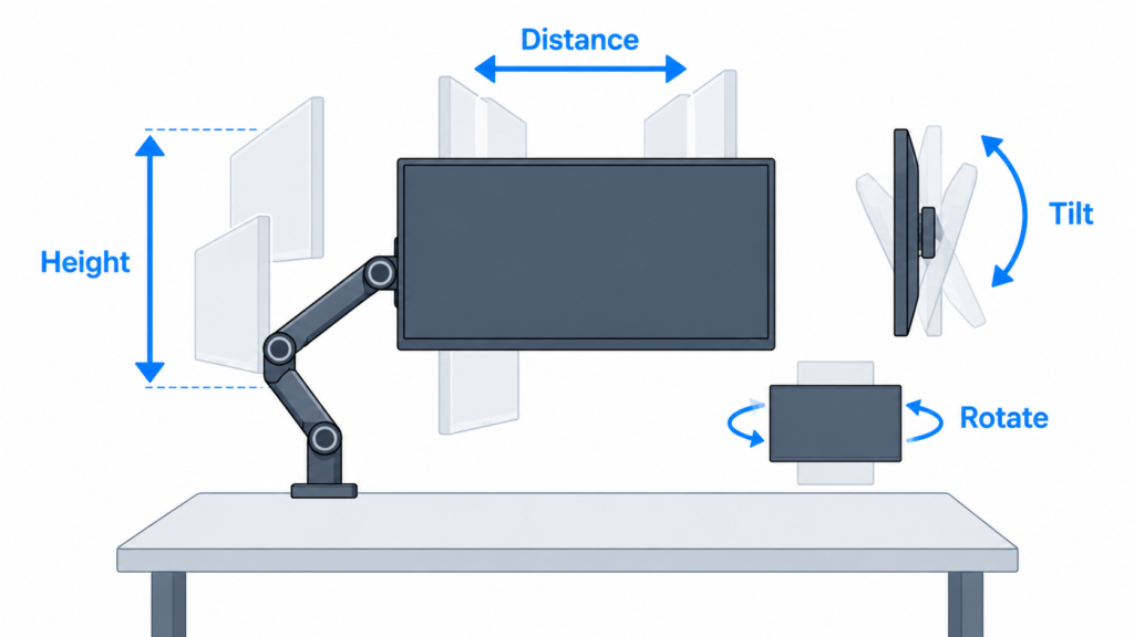 Monitor arm height, distance, tilt, and rotation adjustments