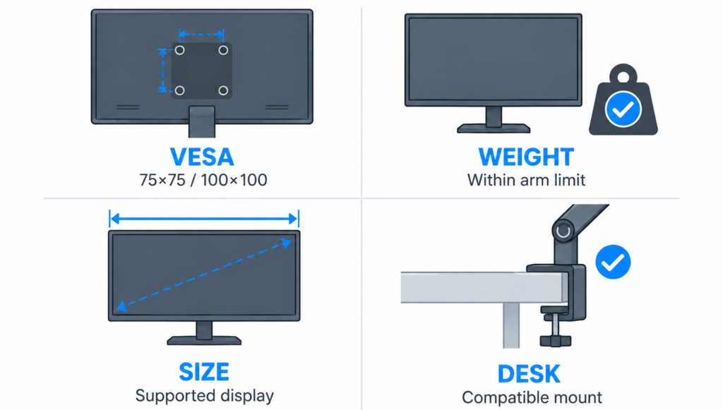 Monitor arm compatibility checks for VESA, weight, screen size, and desk mounting