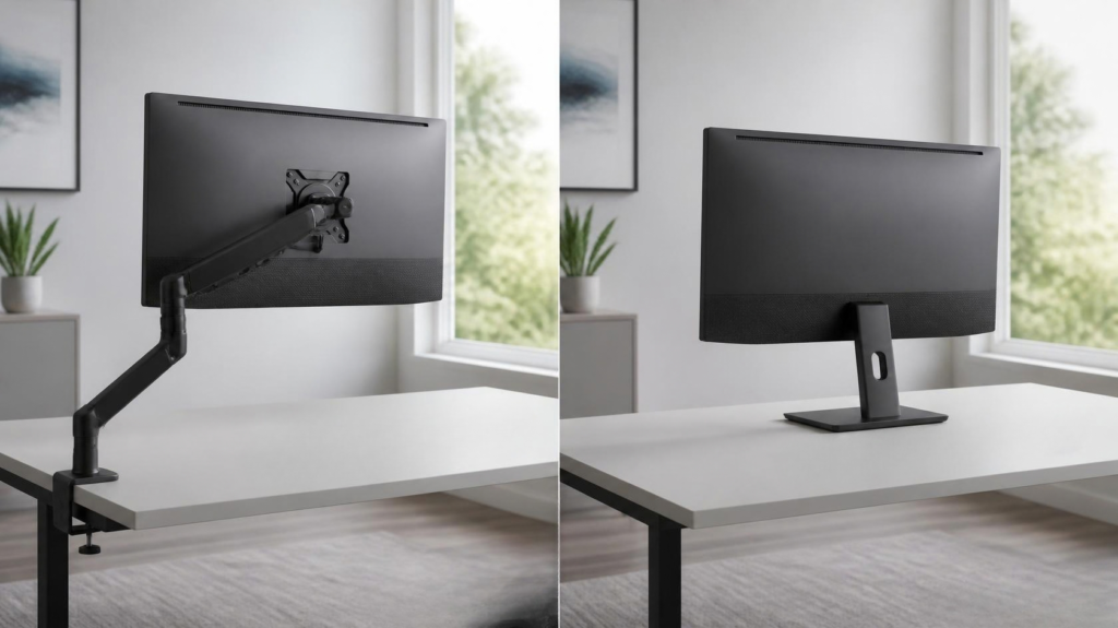 Monitor arm vs monitor stand comparison on a modern desk