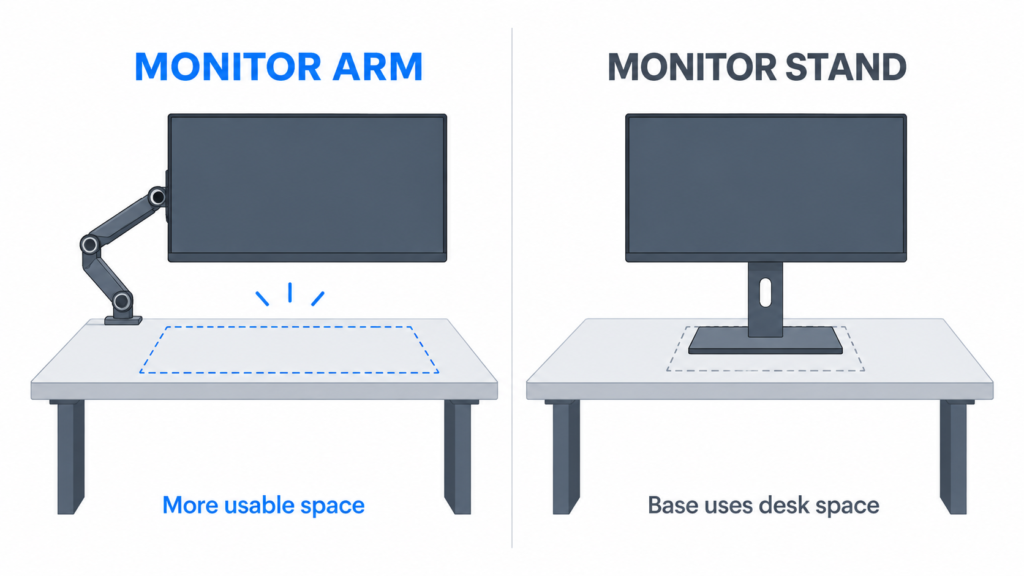 Monitor arm vs monitor stand desk space comparison