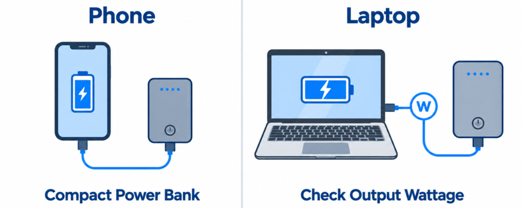 Infographic comparing a phone connected to a compact power bank with a laptop connected to a power bank, highlighting the need to check output wattage