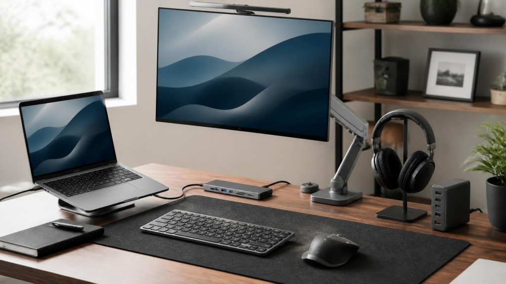 Modern desk setup with laptop, monitor, keyboard, mouse, USB-C hub, headphones, charger, and tech accessories