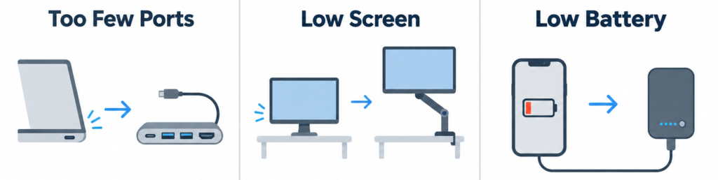 Infographic showing three tech accessory solutions: a USB-C hub for limited laptop ports, a monitor arm for a low screen, and a power bank for a low phone battery