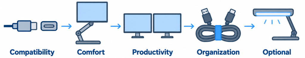 Five-step tech accessory upgrade infographic showing compatibility, comfort, productivity, organization, and optional features in priority order