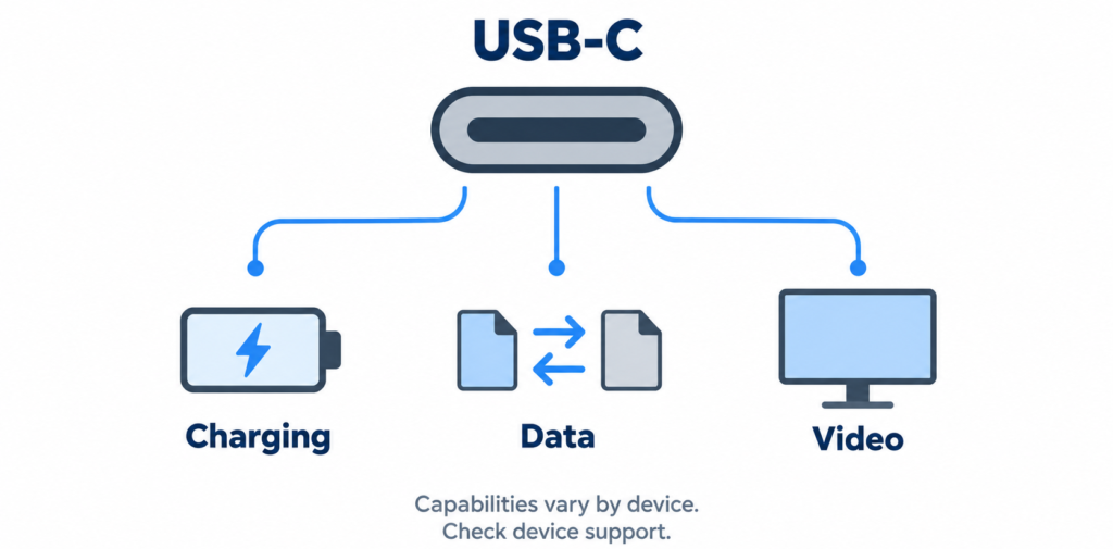Infographic showing USB-C’s possible charging, data transfer, and video capabilities, with a reminder to check device support